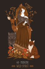 Illustration of a woman holding a deer with a wolf and fox at her feet, surrounded by flowers on a dark background. Brand 'Medeine Wild Spirit' visible.