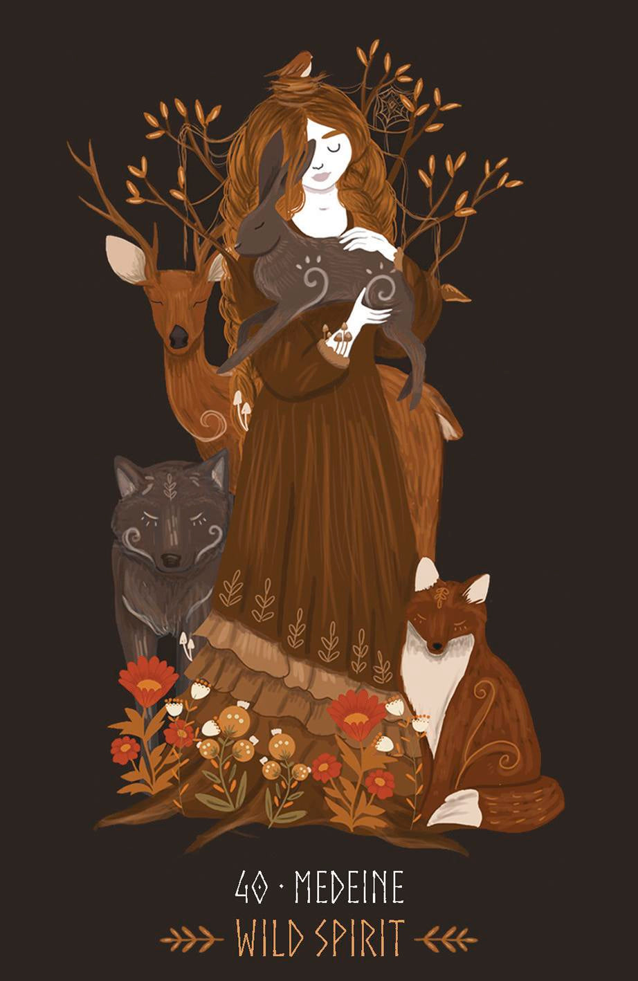 Illustration of a woman holding a deer with a wolf and fox at her feet, surrounded by flowers on a dark background. Brand 'Medeine Wild Spirit' visible.