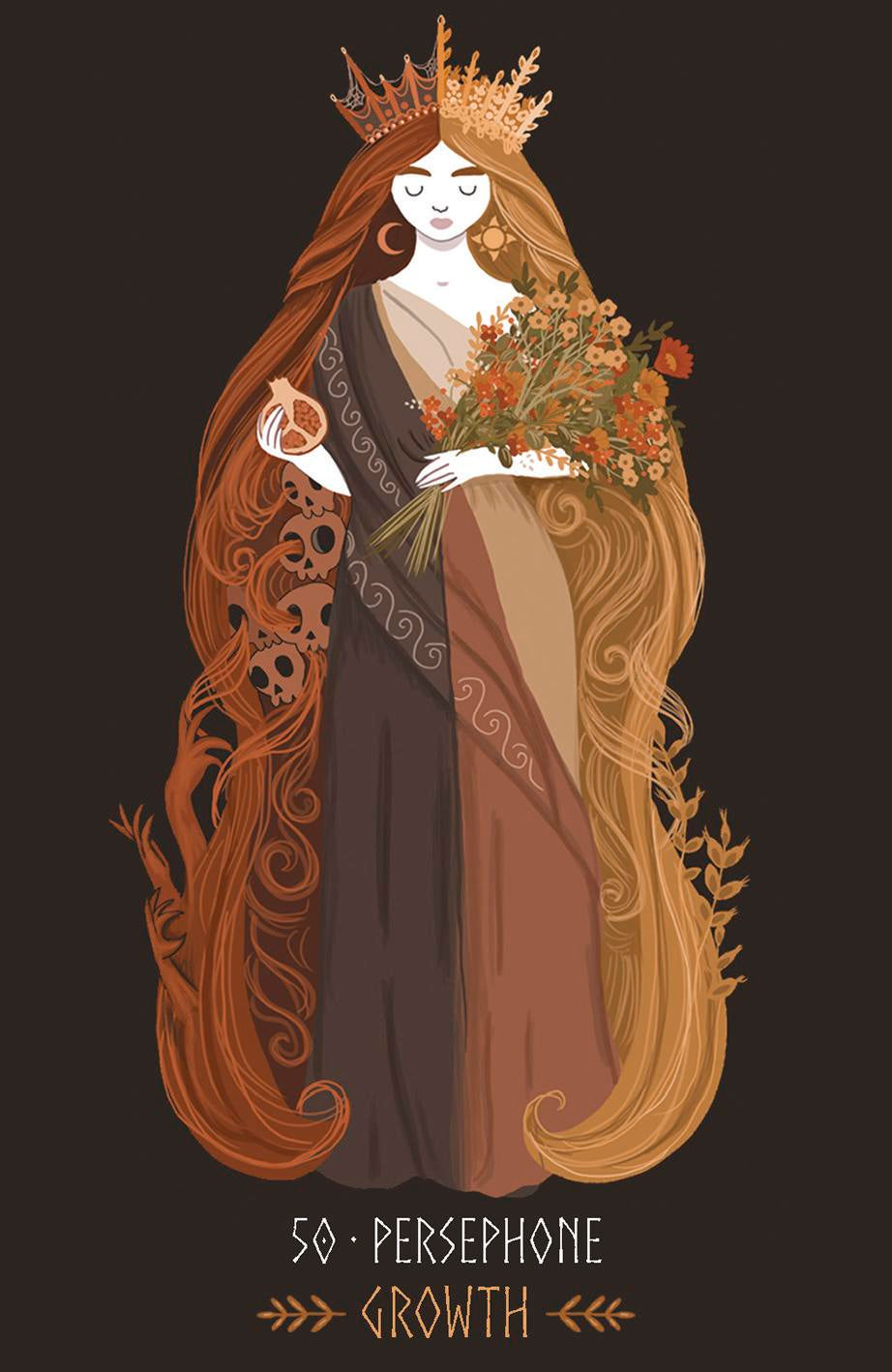 Illustration of a goddess with long hair and a crown, holding flowers on a dark background.