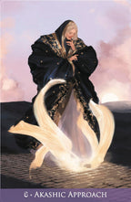 Person in a dark robe with a white creature-like figure on a textured surface with 'Akashic Approach' text.