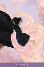 Black dress with gold accents against a pink and purple cloud-like background, labeled '7 - Karma'.