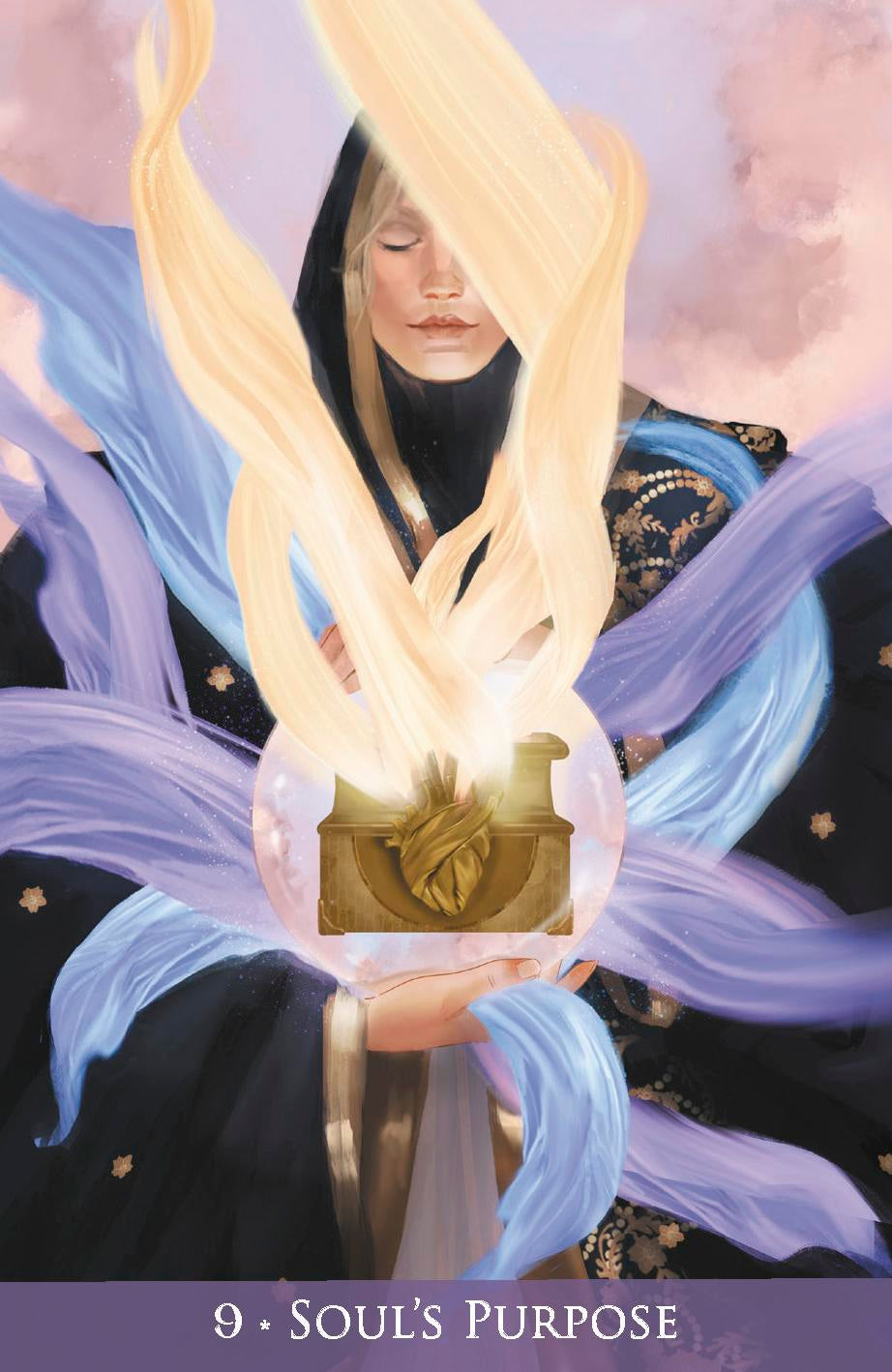 Illustration of a person holding a crystal ball with ethereal light, titled '9 - Soul's Purpose'.