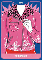 Illustration of a pink jacket with leopard print accents and a hand holding a cigarette, on a pink background.