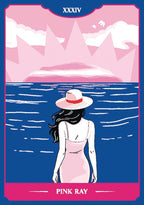 Illustration of a woman in a pink dress and hat standing by water with mountains in the background, labeled 'Pink Ray'.