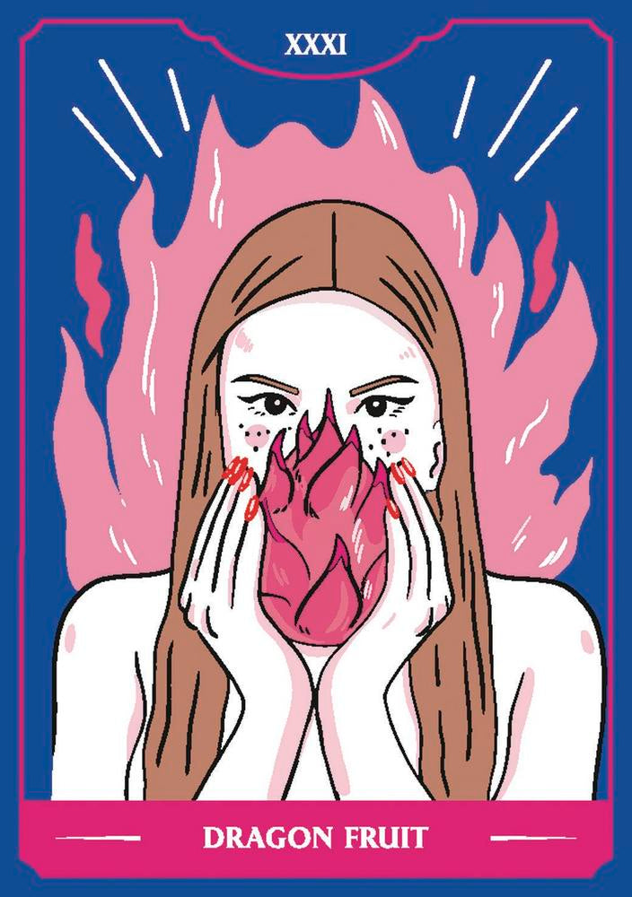 Illustration of a person holding dragon fruit with flames, on a tarot card-style background.