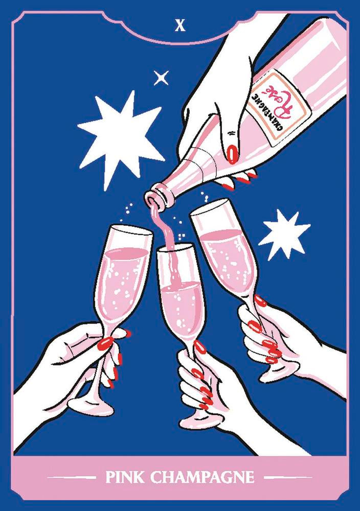 Illustration of hands pouring pink champagne into glasses against a blue background