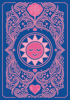 Decorative design with pink sun, rose, and heart on a blue background