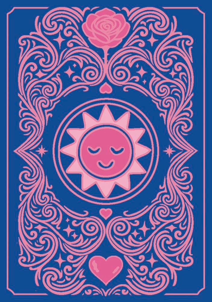 Decorative design with pink sun, rose, and heart on a blue background