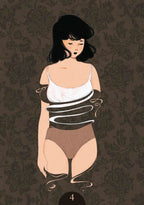 Illustration of a person wearing a white bra and brown underwear on a patterned background.