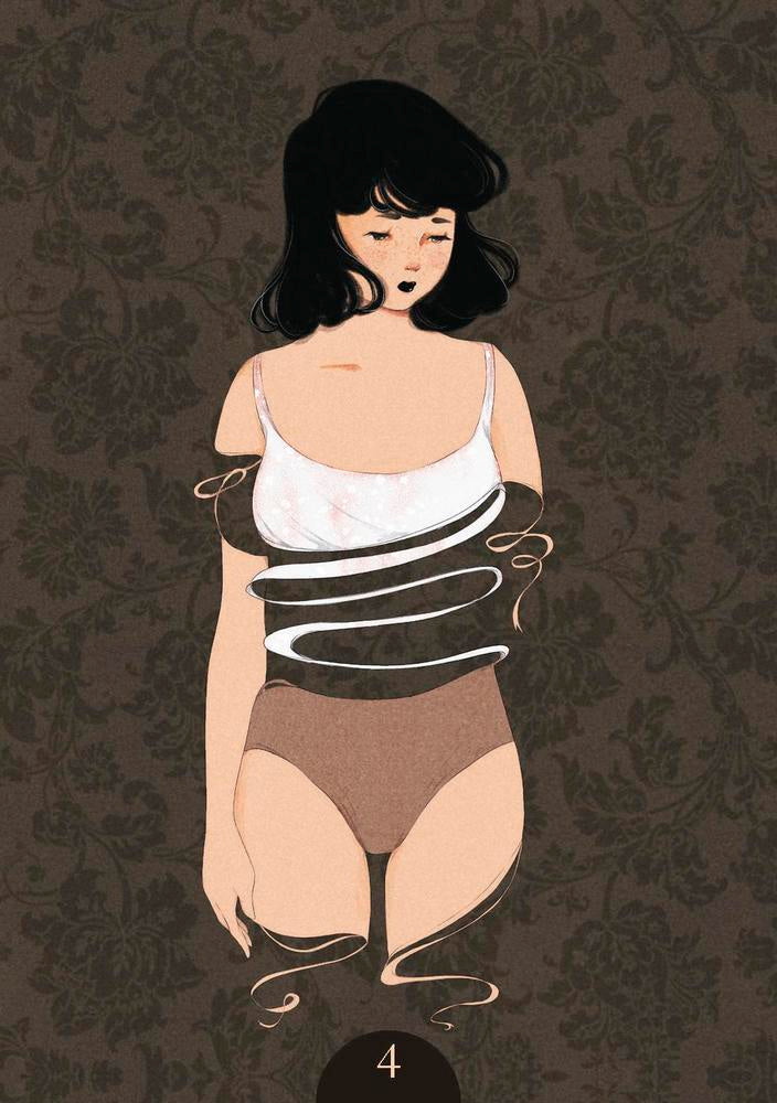 Illustration of a person wearing a white bra and brown underwear on a patterned background.