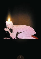 Artistic depiction of a person holding a candle with a dark background
