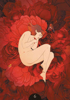 Artistic depiction of a nude figure & bird stuck with an arrow among red flowers.