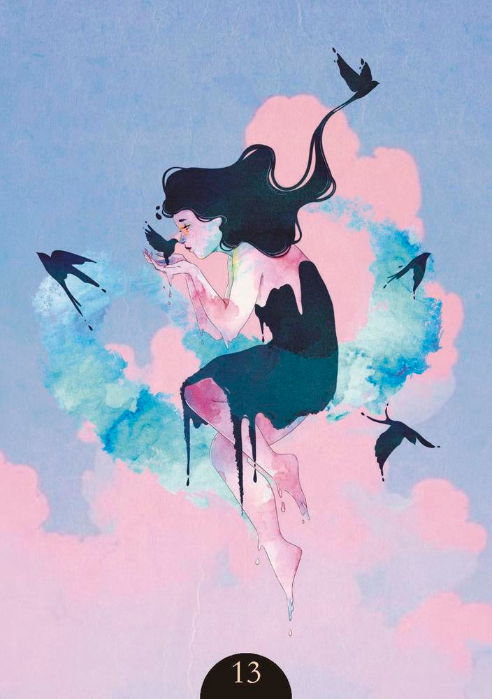 Artistic depiction of a woman with birds against a colorful sky background