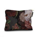A rectangular zippered pouch featuring a dark floral and butterfly print, shown against a plain white background.