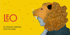 Illustration of a lion's head with a human face on a yellow background, featuring the word 'Leo' and text about magical messages from the stars.