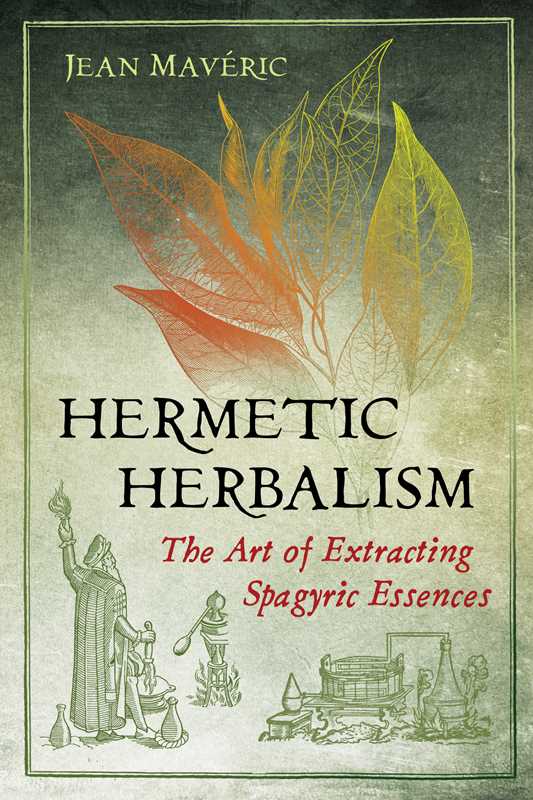 Book cover of 'Hermetic Herbalism' with illustrations of leaves and alchemical symbols on a green background.