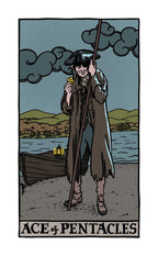 Ace of Pentacles tarot card with a person by a lake holding a pentacle, with mountains in the background.