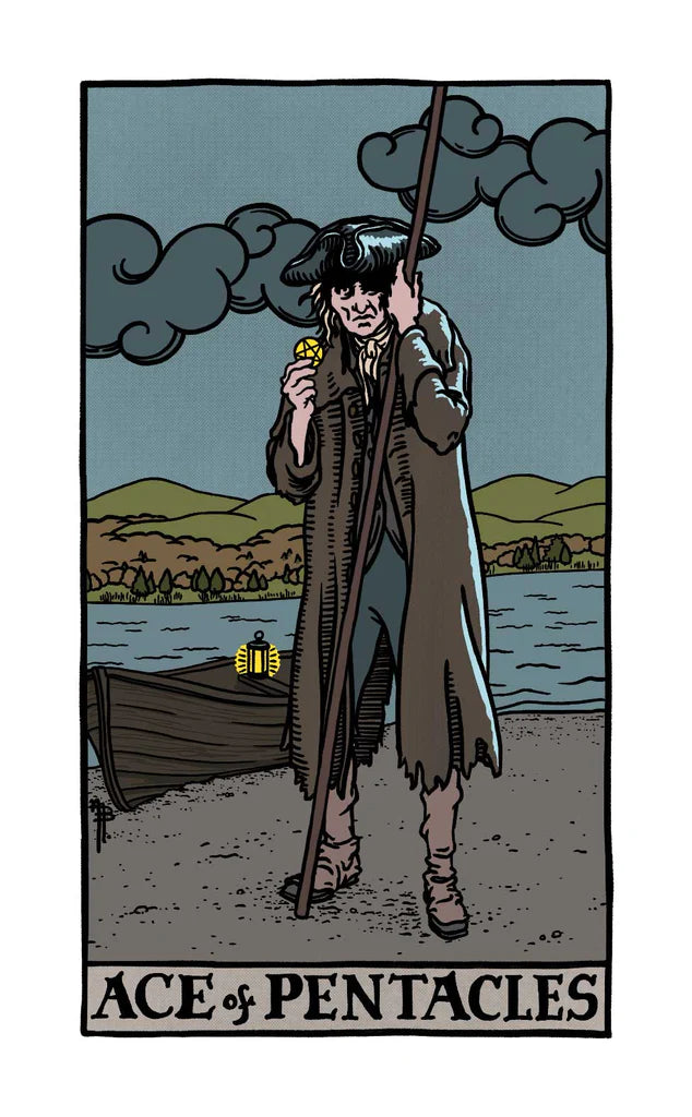 Ace of Pentacles tarot card with a person by a lake holding a pentacle, with mountains in the background.