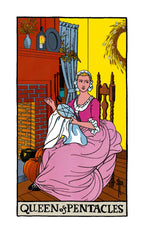 Tarot card featuring the 'Queen of Pentacles' with a woman in a pink dress sitting on a bench.