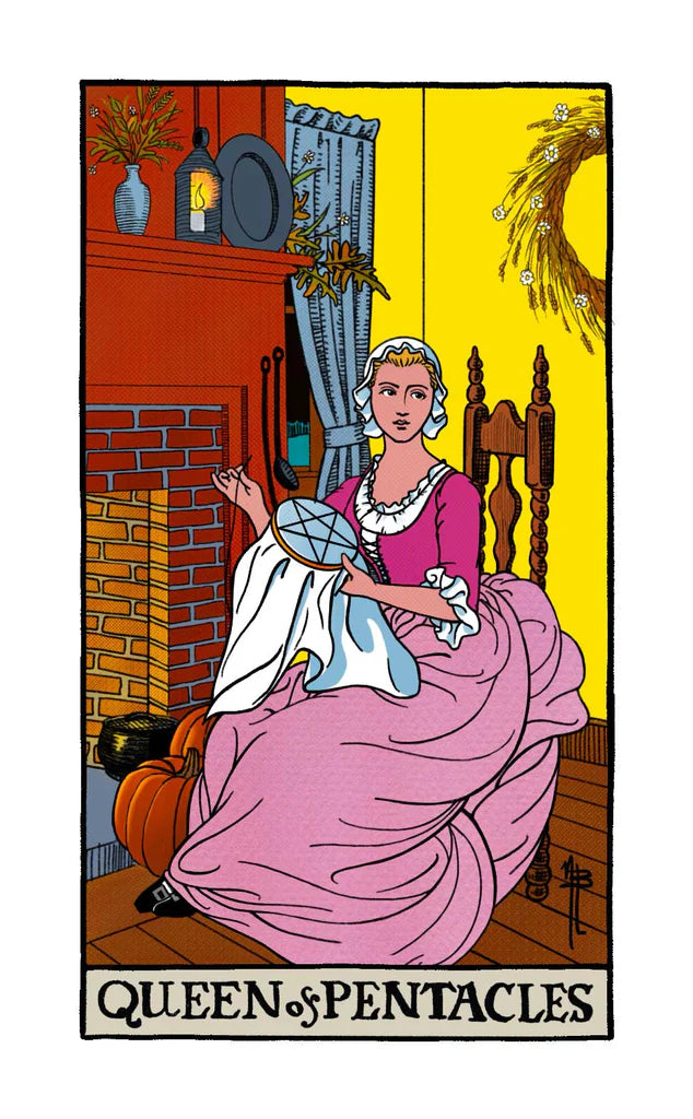 Tarot card featuring the 'Queen of Pentacles' with a woman in a pink dress sitting on a bench.