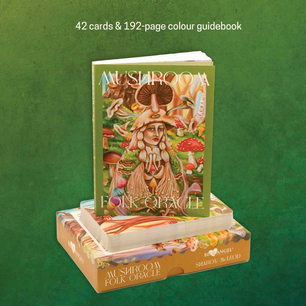 Mushroom Folk Oracle card set with colorful packaging on a green background
