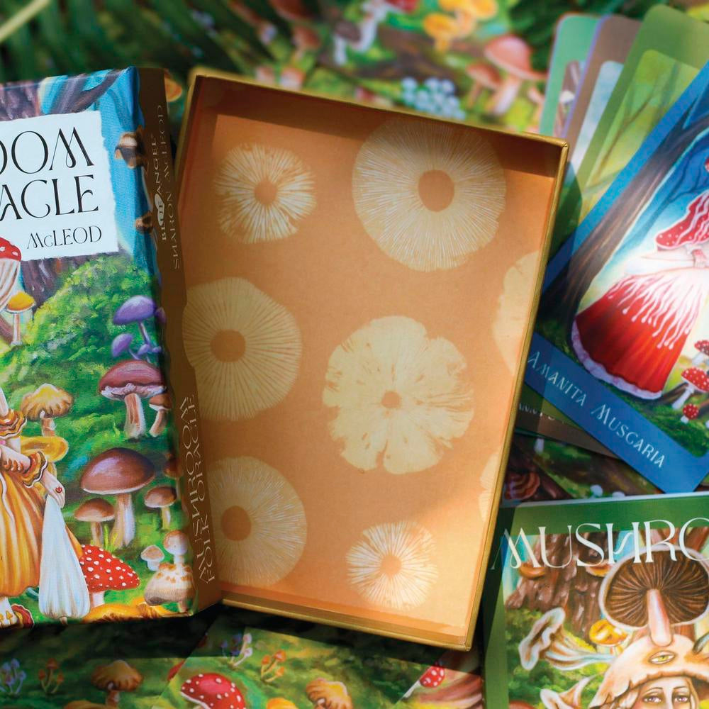 Collection of books with mushroom illustrations on a colorful background