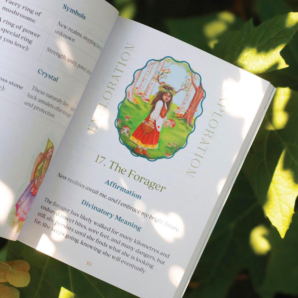 Open book with a page titled 'The Forager' surrounded by green leaves