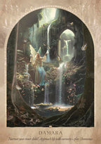 Fantasy scene with a woman in a mystical forest with waterfalls and arches.
