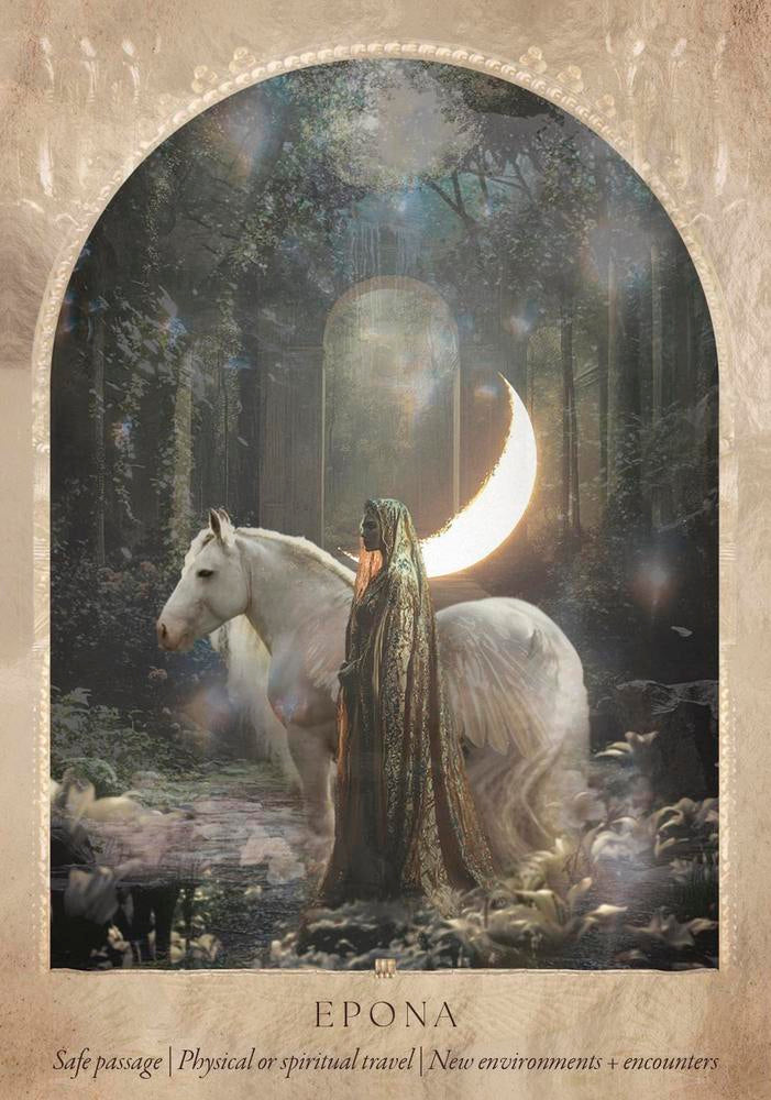 Mystical scene with a hooded figure and white horse in a forest, featuring the name 'Epona'.