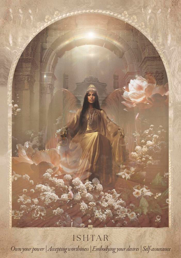 Woman with angel wings and flowers in a decorative setting with text at the bottom.