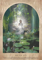 Woman in a white dress standing in a mystical forest with a waterfall and lily pads.