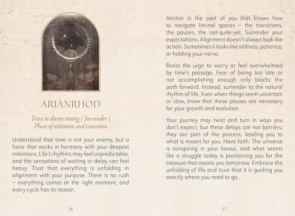Page from a book with text and an archway design, featuring the name Arianrhod.
