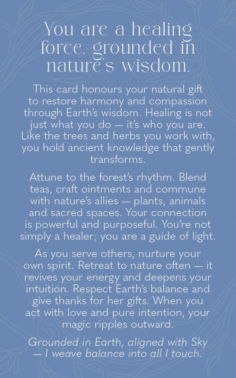 Text on a blue background about healing, nature, and wisdom