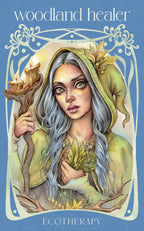 Illustration of a woodland healer with a candle and leaves against a blue background