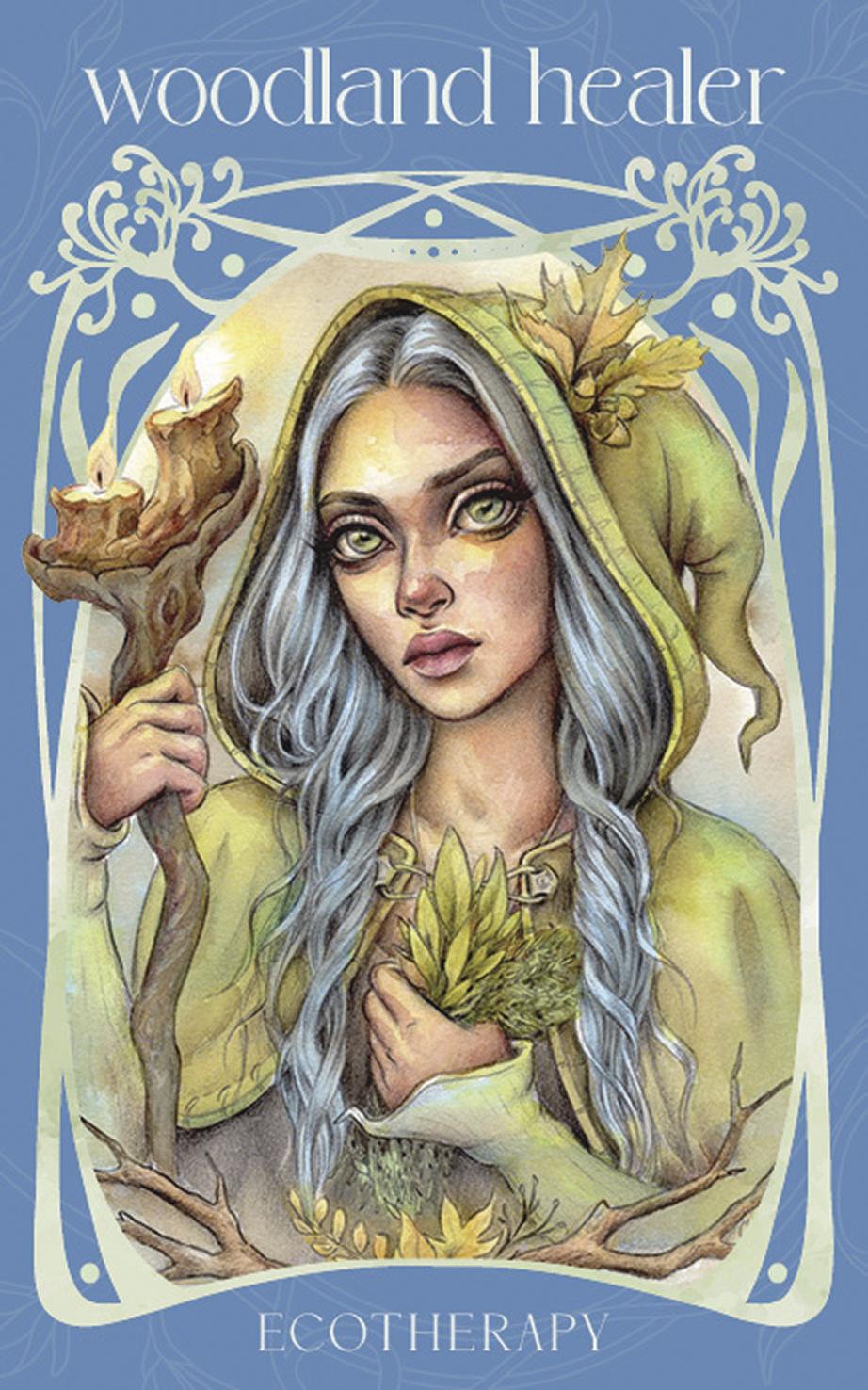 Illustration of a woodland healer with a candle and leaves against a blue background