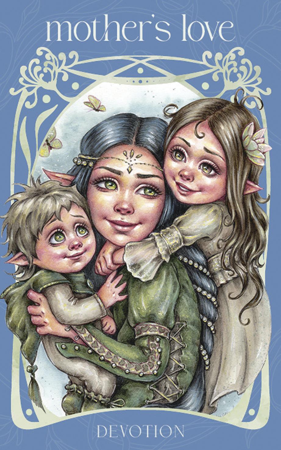 Illustration of a woman holding two children with 'mother's love' text on a blue background