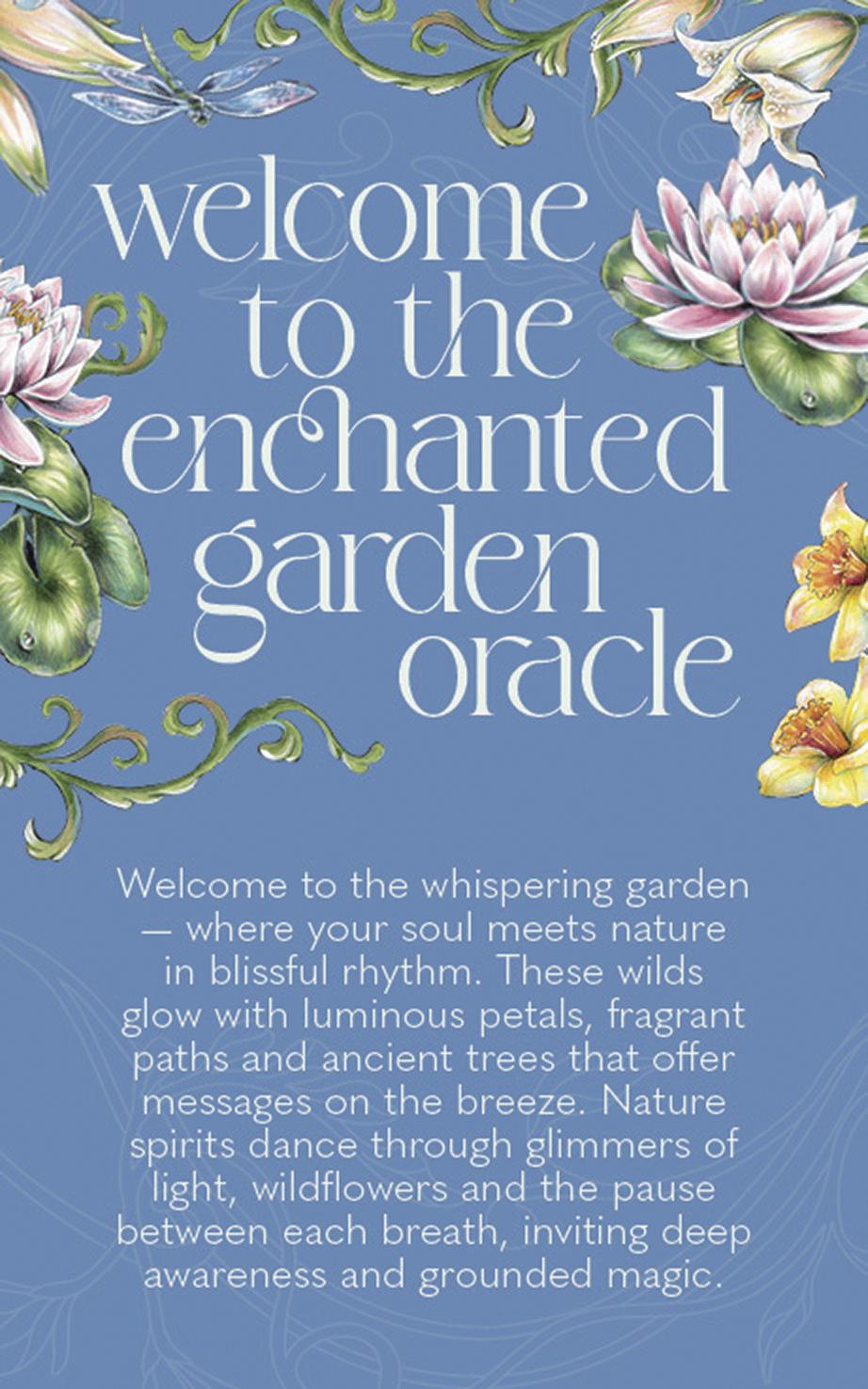 Greeting card with floral design and text about the 'Enchanted Garden Oracle' on a blue background.