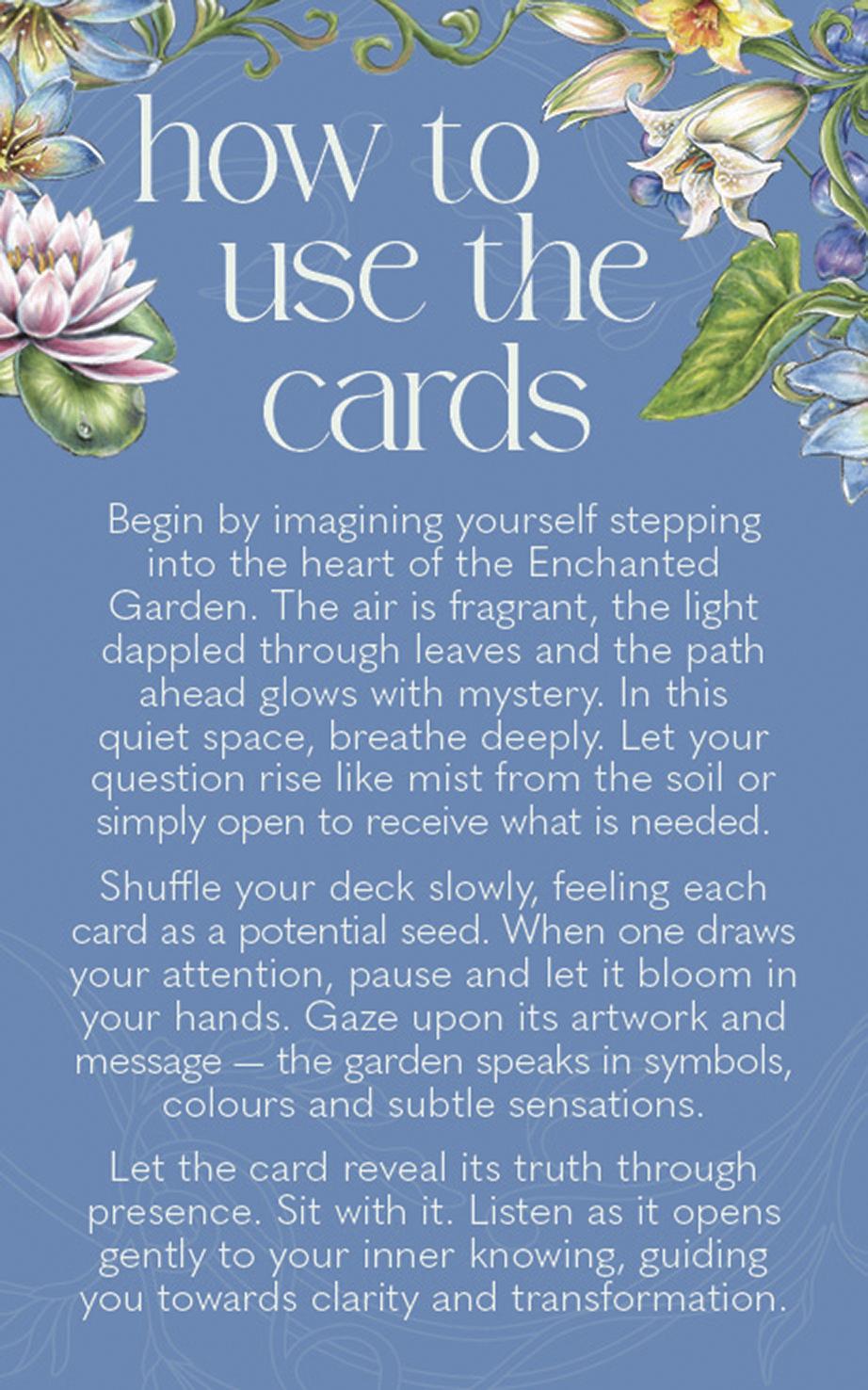 Instructions for using oracle cards with floral design on a blue background