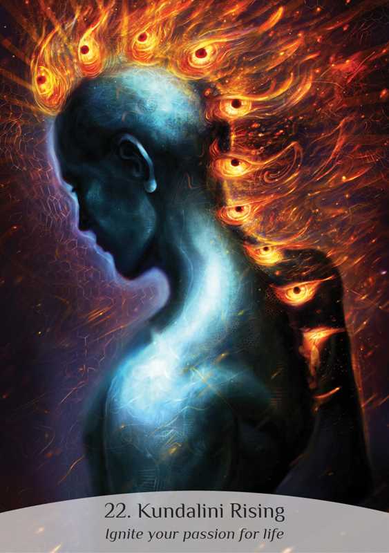 Artistic depiction of a person with energy flowing from the head, labeled 'Kundalini Rising'.
