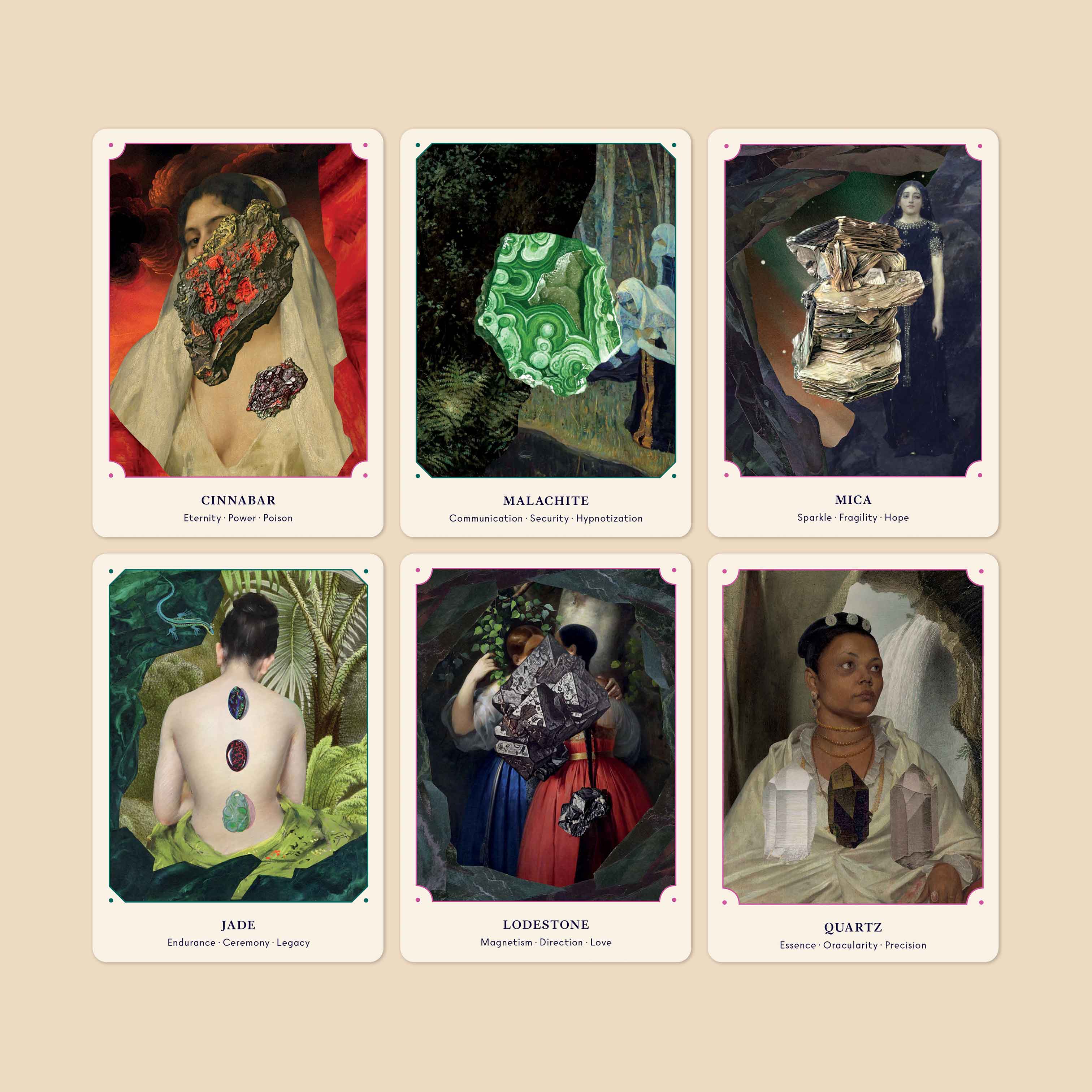 Set of six tarot cards with various images and text on a beige background