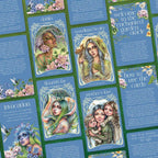 Collection of tarot cards with illustrated faces and nature-themed designs on a blue and green background.