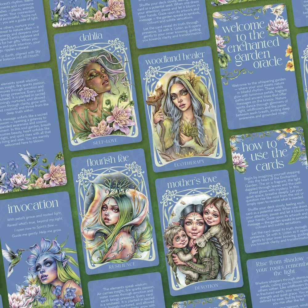 Collection of tarot cards with illustrated faces and nature-themed designs on a blue and green background.