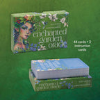 Enchanted Garden Oracle card set with packaging on a green background