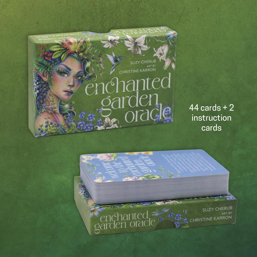 Enchanted Garden Oracle card set with packaging on a green background