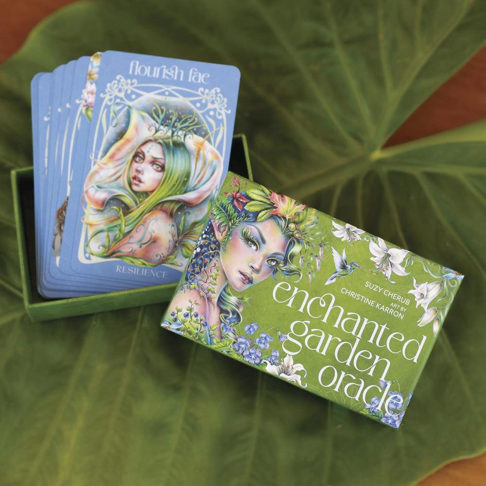 Enchanted Garden Oracle cards with a green box on a leafy background