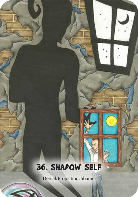 Card titled '36. Shadow Self' with a silhouette and window scene, featuring text about denial, projection, and shame.
