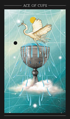 Tarot card featuring a crane over a chalice with a celestial background