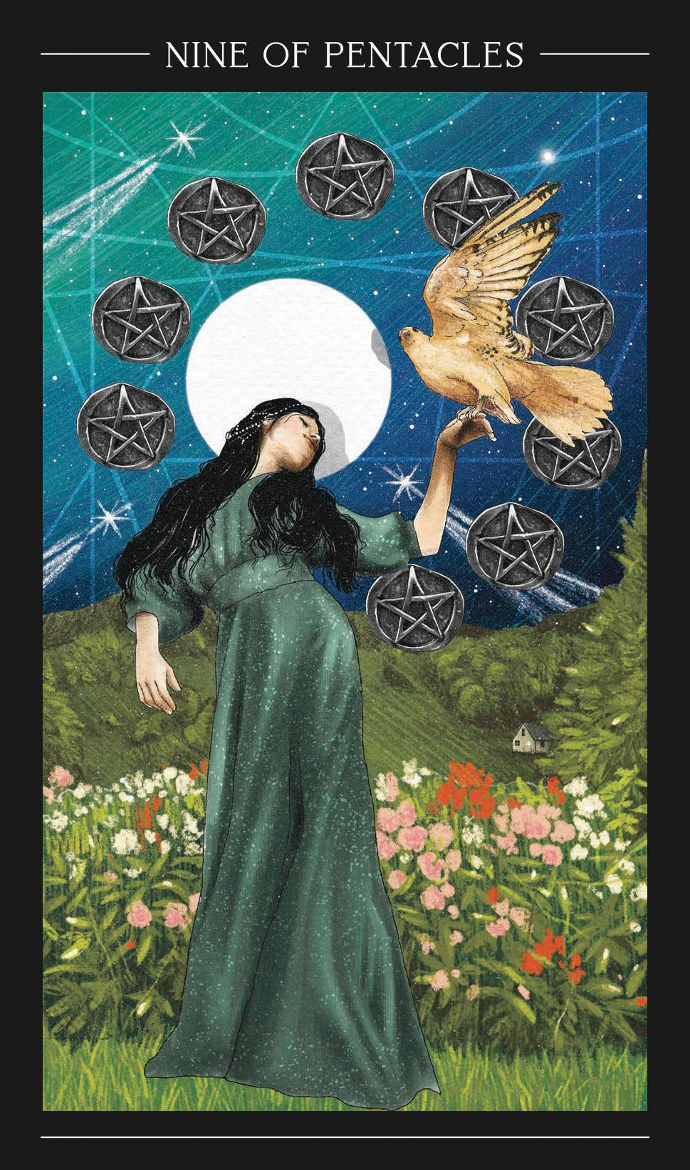 Tarot card featuring a woman holding a bird with pentacle symbols and a moon in the background
