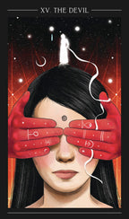 Tarot card featuring a woman with red hands covering her eyes against a starry night sky.