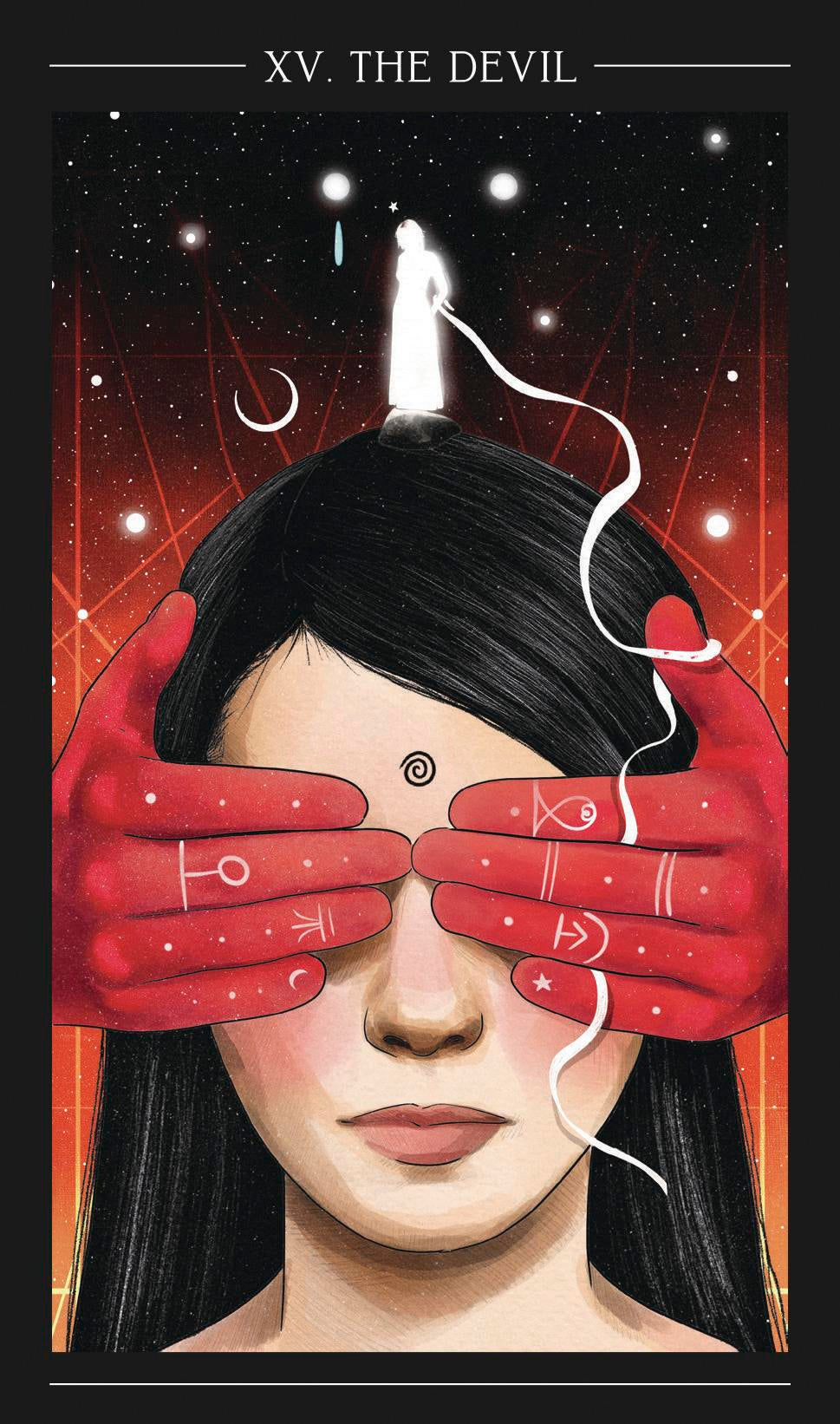 Tarot card featuring a woman with red hands covering her eyes against a starry night sky.